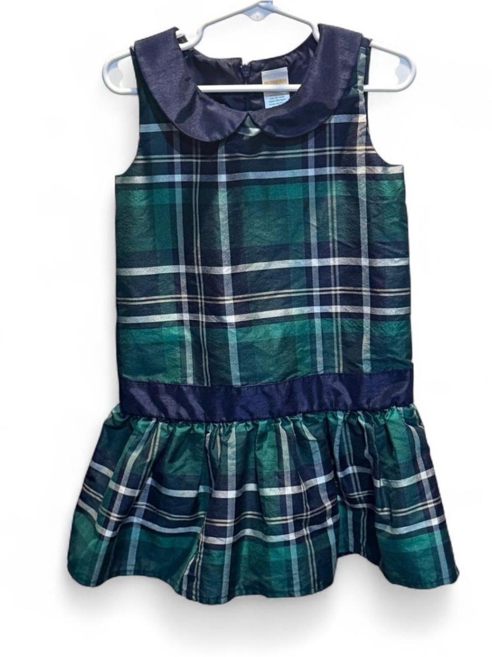 Gymboree Girls Green and Navy Blue Plaid Holiday Drop-Waist Dress Size 5